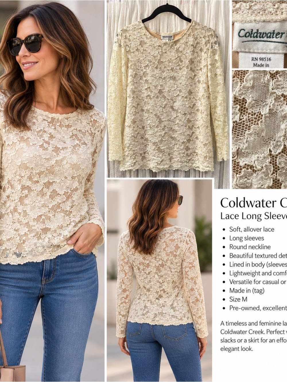 Coldwater Creek Ivory Floral Lace Long Sleeve Top – Size M